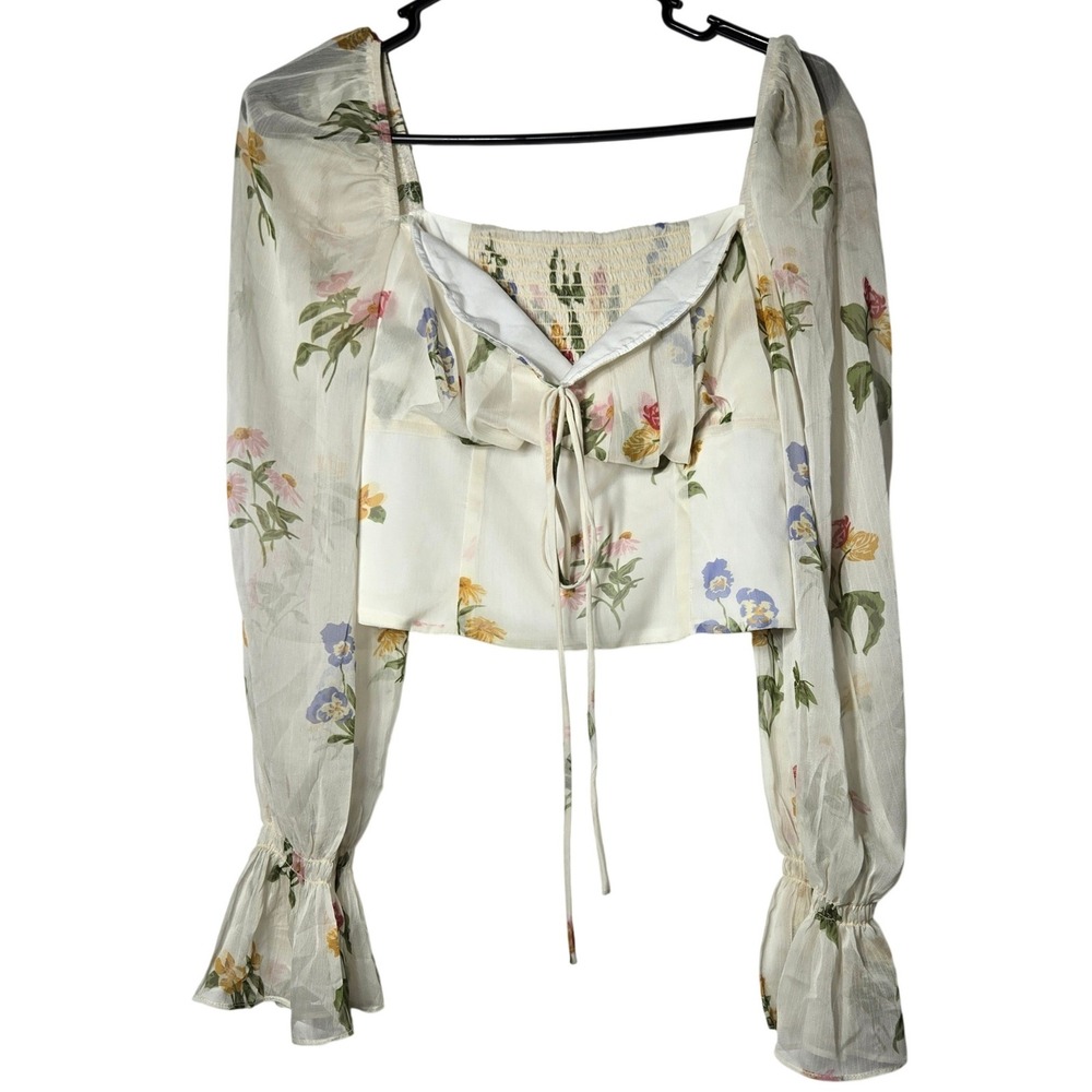 Floral Square Neck Tie Front Smocked Cropโ Top Large Cottage Fairy Romantic Soft